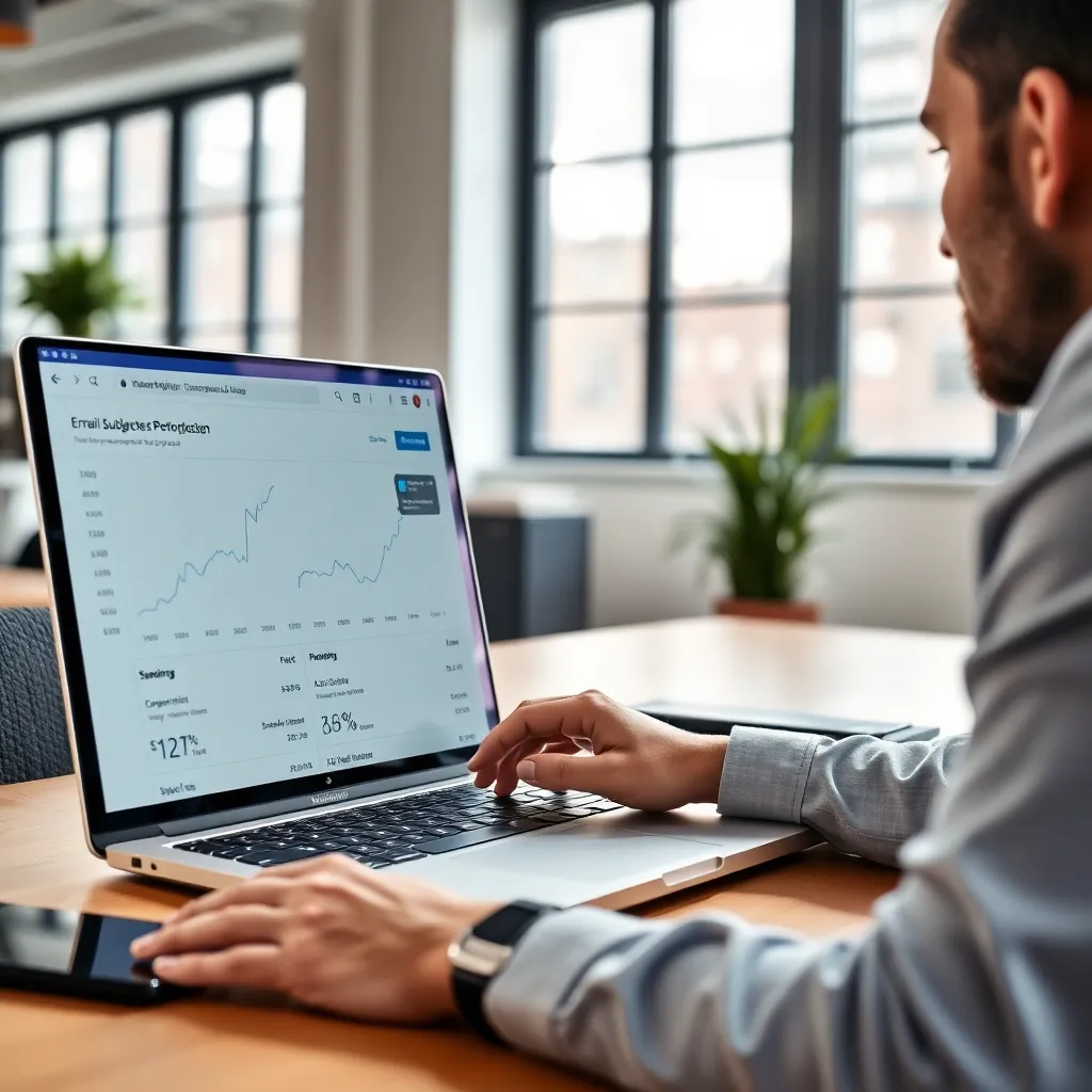 Marketeer die onderwerpregels analyseert op laptop