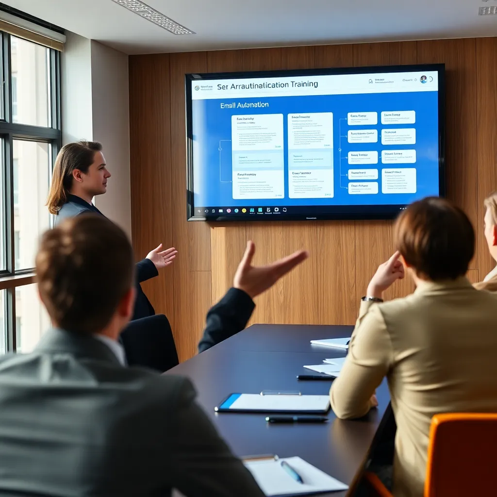 Marketingspecialist die geavanceerde e-mailautomatisering demonstreert